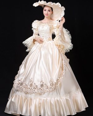 Ecru White Retro Tudor Dress Costumes Women's Marie Antoinette Costume Lace Ruffles Polyester Tunic Dress Hat Vintage 18th Century Costume