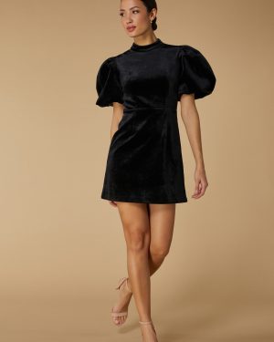 Eden Velvet Puff Sleeve Mini Dress with Open Back, UK 18 / US 14 / EU 46 / Black