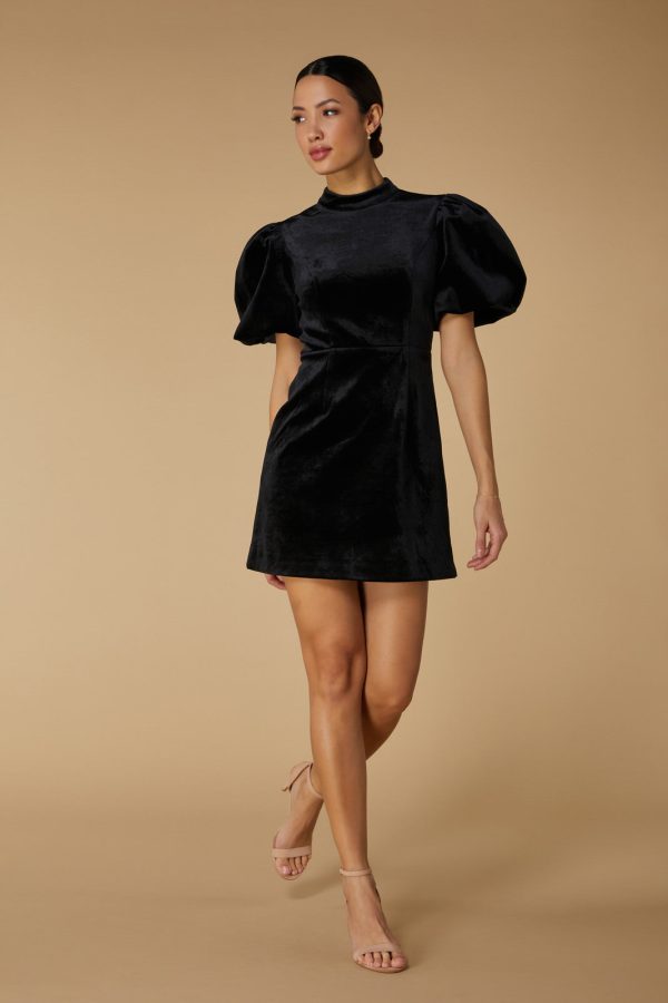 Eden Velvet Puff Sleeve Mini Dress with Open Back, UK 18 / US 14 / EU 46 / Black