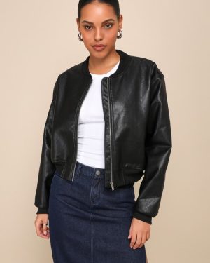 Edgy Inclination Black Vegan Leather Bomber Jacket