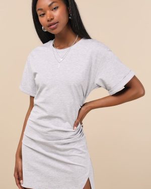 Effortless Approach Heather Grey Ruched Short Sleeve Mini Dress