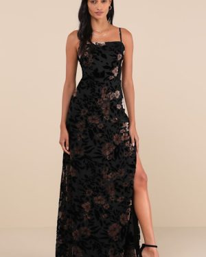 Effortless Celebration Black Floral Burnout A-Line Maxi Dress
