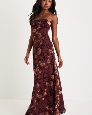 Effortless Celebration Burgundy Floral Burnout A-Line Maxi Dress