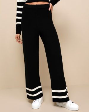 Effortlessly Charming Black Striped Wide-Leg Sweater Pants