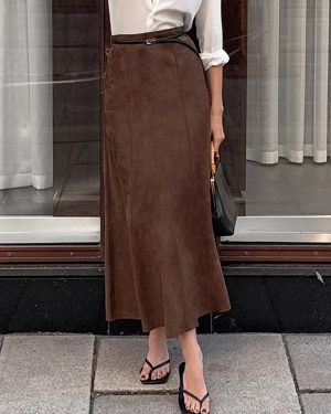 Elegant Brown Suede A-Line Maxi Skirt For Women 2025
