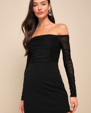 Elegant Eternity Black Mesh Ruched Off-the-Shoulder Mini Dress