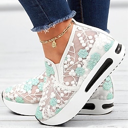 Elegant Floral Embroidered Women's Mesh Sneakers - Perfect for Casual Outings Summer Events, Stylish Lace Detail, Breathable with Comfortable Wedge Heel