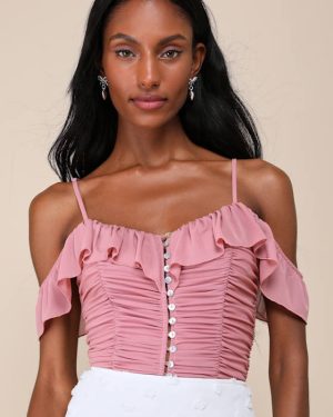 Elegant Posture Mauve Pink Mesh Ruched Cold-Shoulder Bodysuit