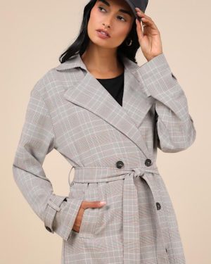 Elevated Weather Grey Plaid Belted Trench Coat
