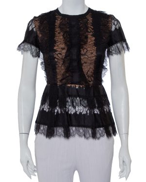Elie Saab Black Lace Short Sleeve Peplum Top XS