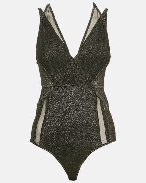 Elie Saab Black Lurex Jersey and Tulle Trim Bodysuit S