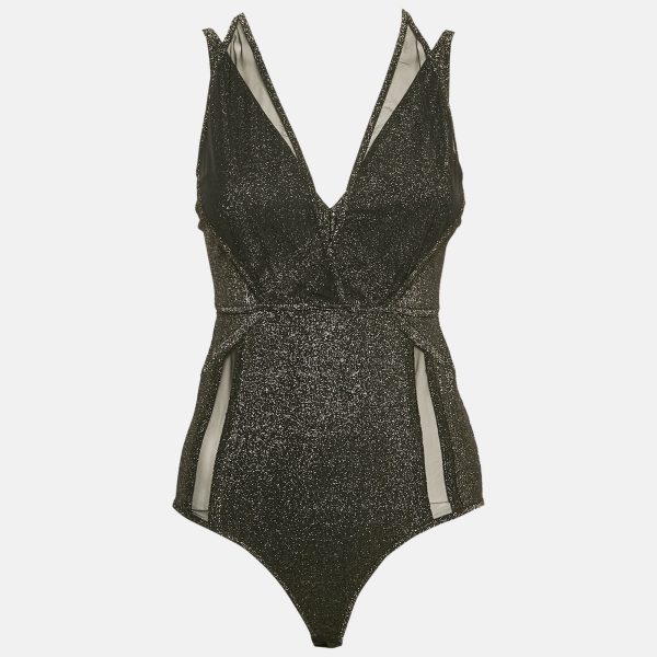 Elie Saab Black Lurex Jersey and Tulle Trim Bodysuit S