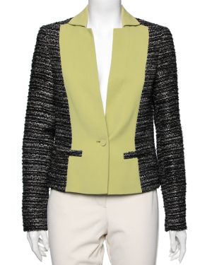 Elie Saab Black & Green Tweed Crepe Paneled Cropped Blazer S