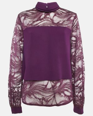 Elie Saab Purple Lace and Crepe High Neck Blouse M