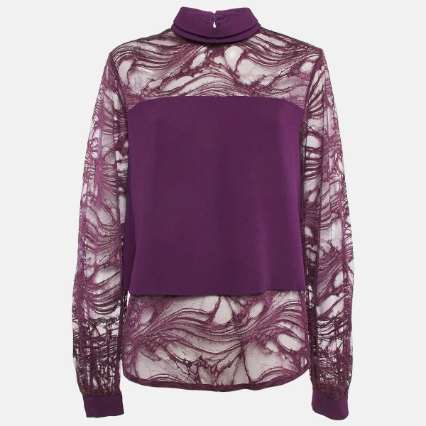 Elie Saab Purple Lace and Crepe High Neck Blouse M