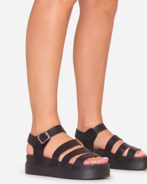 Elin Strappy Detail Chunky Gladiator Sandal In Black Faux Leather, Women's Size UK 3