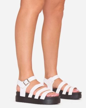 Elin Strappy Detail Chunky Gladiator Sandal In White Faux Leather, Women's Size UK 3