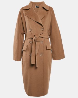 Elisabetta Franchi Beige Felt Wool Double Breasted Coat M