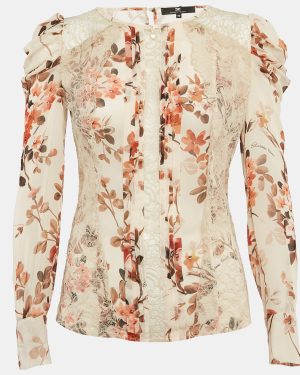 Elisabetta Franchi Beige Floral Print Lace Trim Crepe Blouse S