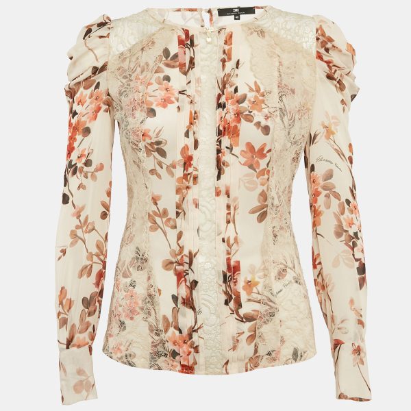 Elisabetta Franchi Beige Floral Print Lace Trim Crepe Blouse S