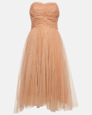 Elisabetta Franchi Beige/Pink Tulle Strapless Midi Dress S