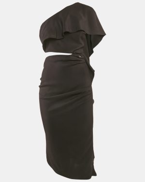 Elisabetta Franchi Black Crepe Cut-Out One Shoulder Midi Dress M