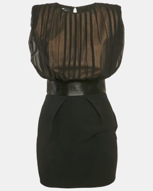 Elisabetta Franchi Black Crepe Detachable Skirt Pleated Mini Dress S