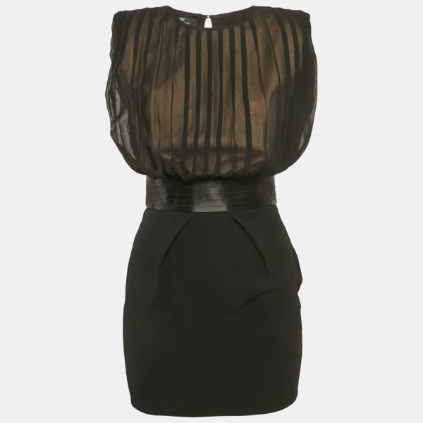 Elisabetta Franchi Black Crepe Detachable Skirt Pleated Mini Dress S