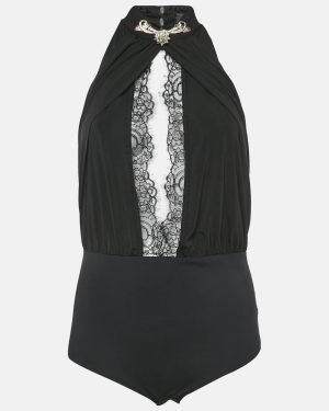 Elisabetta Franchi Black Embellished Jersey and Lace Halter Neck Bodysuit M