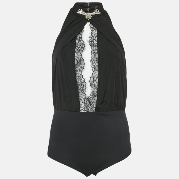 Elisabetta Franchi Black Embellished Jersey and Lace Halter Neck Bodysuit M