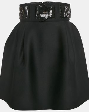 Elisabetta Franchi Black Faux Leather Belted Neoprene Flared Mini Skirt M