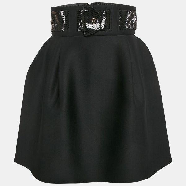 Elisabetta Franchi Black Faux Leather Belted Neoprene Flared Mini Skirt M