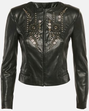 Elisabetta Franchi Black Studded Faux Leather Biker Jacket S