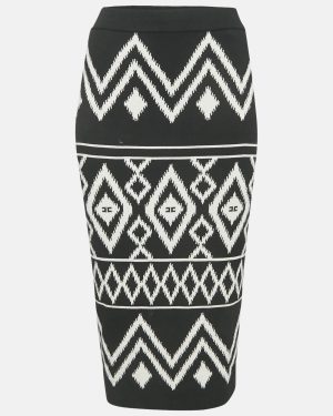 Elisabetta Franchi Black Tribal Intarsia Stretch Knit Midi Skirt L