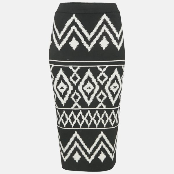 Elisabetta Franchi Black Tribal Intarsia Stretch Knit Midi Skirt L