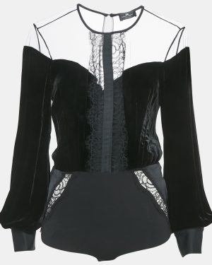 Elisabetta Franchi Black Velvet Lace Trimmed Bodysuit Top M