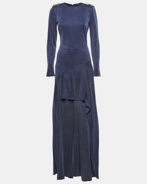 Elisabetta Franchi Blue Corduroy High-Low Flared Dress M