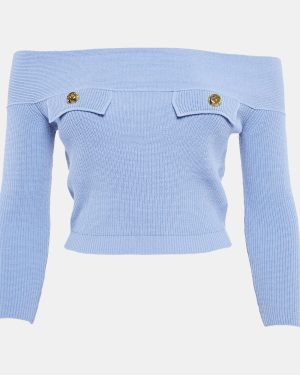Elisabetta Franchi Blue Knit Off-Shoulder Crop Sweater Top S