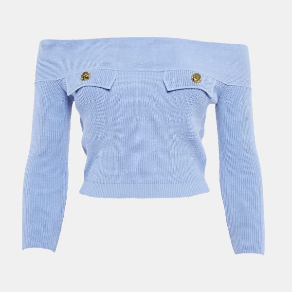 Elisabetta Franchi Blue Knit Off-Shoulder Crop Sweater Top S