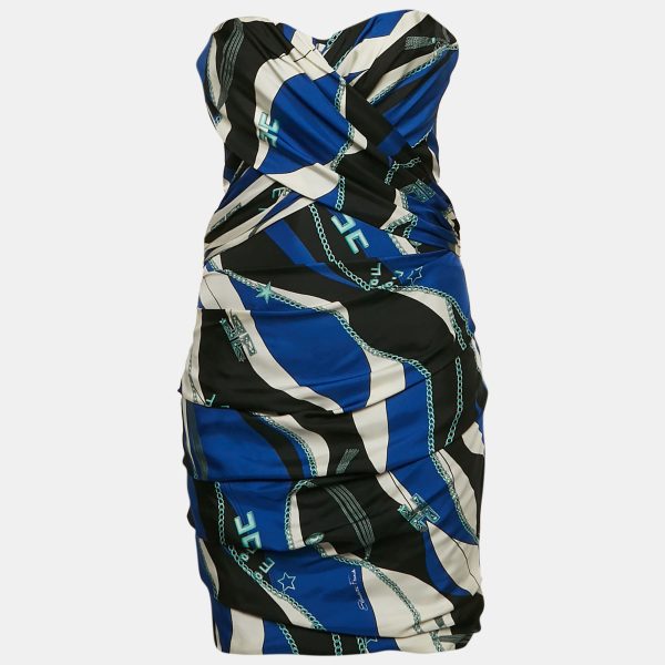 Elisabetta Franchi Blue Printed Silk and Crepe Strapless Mini Dress S