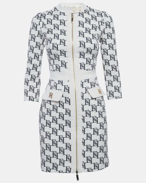 Elisabetta Franchi Cream Logo Print Stretch Crepe Bodycon Dress S