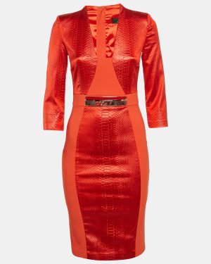 Elisabetta Franchi Orange Python Textured Satin and Crepe Sheath Dress M