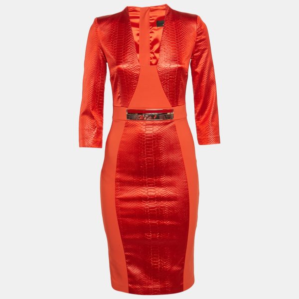 Elisabetta Franchi Orange Python Textured Satin and Crepe Sheath Dress M