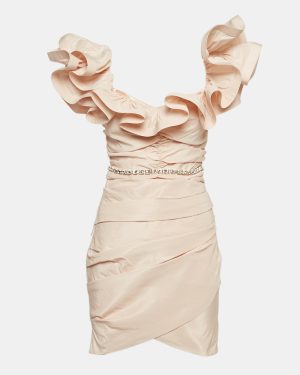 Elisabetta Franchi Pink Ottoman Taffeta Ruffled Off-Shoulder Mini Dress M