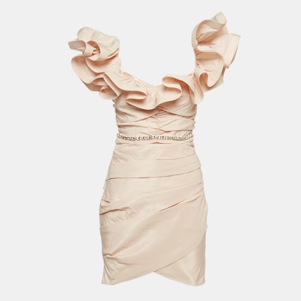 Elisabetta Franchi Pink Ottoman Taffeta Ruffled Off-Shoulder Mini Dress M