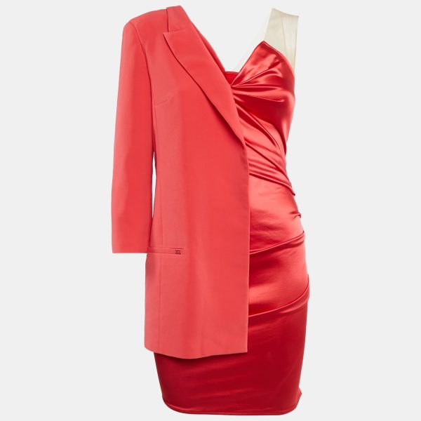 Elisabetta Franchi Red Crepe and Satin Asymmetric Mini Dress S