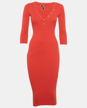 Elisabetta Franchi Red Rib Knit Bodycon Dress S