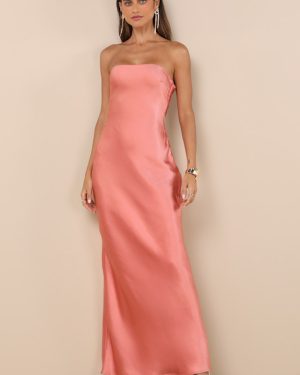 Elliette Peach Pink Satin Strapless Cowl Back Maxi Dress