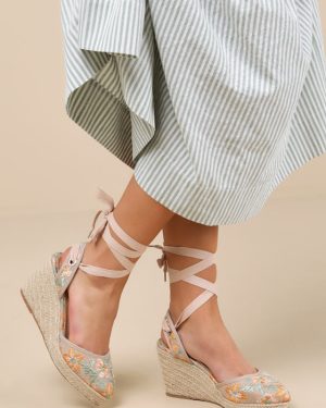 Elsinore Raffia Embroidered Lace-Up Espadrilles Wedges