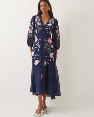 Emani Floral Embroidered Midi Tea Dress Blue